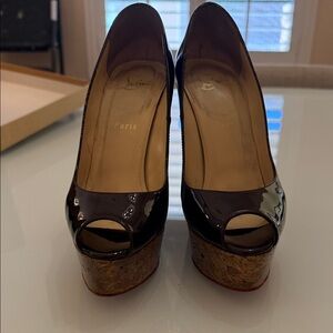 Christian Louboutin Black Patent Peep-Toe Wedges